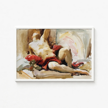 Watercolor Painting White Frame Nude Figure Red Fabric John Singer Sargent, Drapery, Announces, Post-1900 Male