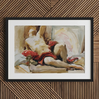 Man with Red Drapery - John Singer Sargent Art Print / Canvas Black-framed Watercolor Painting Nude Figure Fabric Wooden, Announces,