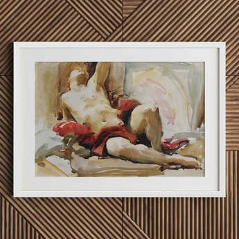 Man with Red Drapery - John Singer Sargent Art Print / Canvas Watercolor Painting Nude Figure Fabric Framed White, Announces, Post-1900