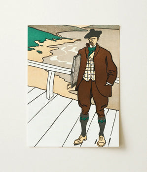 Vintage-style Illustrated Notebook Man Brown Attire Wooden Pier Smoking, Flat Color, Edward Penfield’s, Studied Rural Ease, Fin-de-siècle
