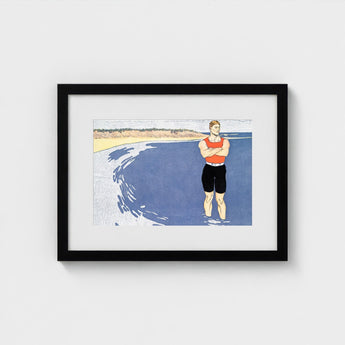 Man Standing in the Sea - Edward Penfield Art Print / Canvas, Penfield’s, Vermilion-red Vest Blazing, Flat Slate-blue Water, Understood