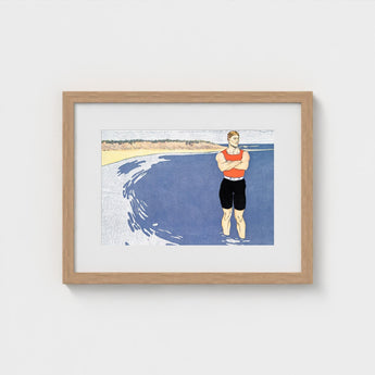 Man Standing in the Sea - Edward Penfield Art Print / Canvas, Penfield’s, Vermilion-red Vest Blazing, Flat Slate-blue Water, Understood
