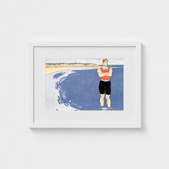 Man Standing in the Sea - Edward Penfield Art Print / Canvas, Penfield’s, Vermilion-red Vest Blazing, Flat Slate-blue Water, Understood