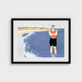 Man Standing in the Sea - Edward Penfield Art Print / Canvas, Penfield’s, Vermilion-red Vest Blazing, Flat Slate-blue Water, Understood