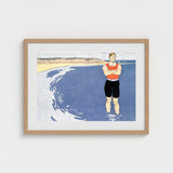 Man Standing in the Sea - Edward Penfield Art Print / Canvas, Penfield’s, Vermilion-red Vest Blazing, Flat Slate-blue Water, Understood