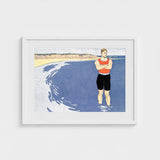 Man Standing in the Sea - Edward Penfield Art Print / Canvas, Penfield’s, Vermilion-red Vest Blazing, Flat Slate-blue Water, Understood