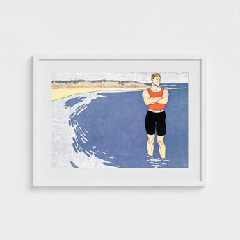 Man Standing in the Sea - Edward Penfield Art Print / Canvas, Penfield’s, Vermilion-red Vest Blazing, Flat Slate-blue Water, Understood