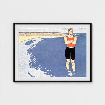 Man Standing in the Sea - Edward Penfield Art Print / Canvas, Penfield’s, Vermilion-red Vest Blazing, Flat Slate-blue Water, Understood