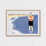 Man Standing in the Sea - Edward Penfield Art Print / Canvas, Penfield’s, Vermilion-red Vest Blazing, Flat Slate-blue Water, Understood