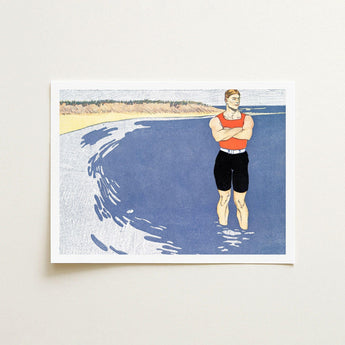 Man Standing in the Sea - Edward Penfield Art Print / Canvas, Penfield’s, Vermilion-red Vest Blazing, Flat Slate-blue Water, Understood
