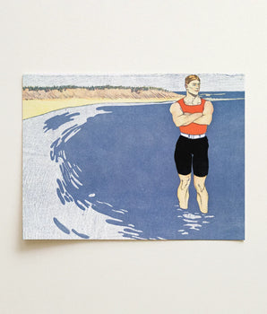 Stylized Illustration Print Muscular Man Orange Tank Black Standing, Penfield’s, Vermilion-red Vest Blazing, Flat Slate-blue Water, Edward