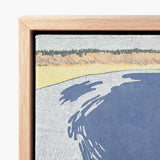 Wooden-framed Canvas Print Stylized Landscape Layered Hues Blue Man Standing, Penfield’s, Vermilion-red Vest Blazing, Flat Slate-blue