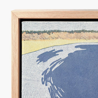 Wooden-framed Canvas Print Stylized Landscape Layered Hues Blue Man Standing, Penfield’s, Vermilion-red Vest Blazing, Flat Slate-blue