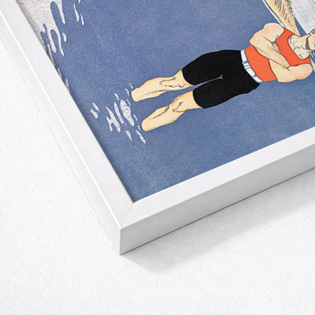 Framed Artwork Swimmer Orange Tank Black Shorts Blue Man Standing, Penfield’s, Vermilion-red Vest Blazing, Flat Slate-blue Water, Edward