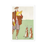 Man Reading a Book with Hares - Edward Penfield Art Print, Figure Knickers Checkered Socks Book Two Rabbits