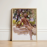 Framed Watercolor Painting Muscular Man Outdoors Rendered Earthy John Singer Sargent, Nude, Art