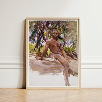 Watercolor Painting Muscular Man Trees Framed Light Wood John Singer Sargent, Nude, Art