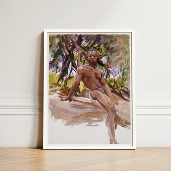 Framed Watercolor Painting Muscular Man Outdoors Rendered Earthy John Singer Sargent, Nude, Art