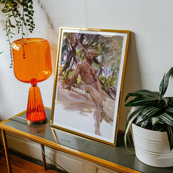 Man and Trees John Singer Sargent Art Print, Framed Watercolor Figure Study Alongside Orange Glass Lamp