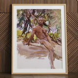 John Singer Sargent watercolor painting of muscular man outdoors.