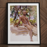 John Singer Sargent watercolor of muscular man outdoors.