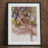 Man and Trees John Singer Sargent Art Print, Framed Watercolor Painting Nude Male Figure Seated Natural
