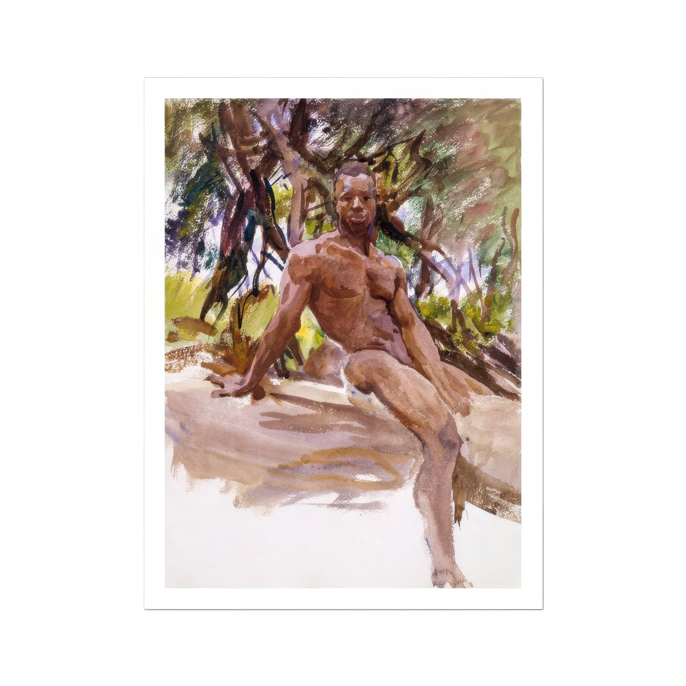 Man and Trees - John Singer Sargent Art Print, Watercolor Painting Nude Figure Seated Outdoors