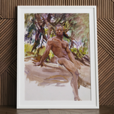Watercolor painting of muscular man outdoors, John Singer Sargent art print