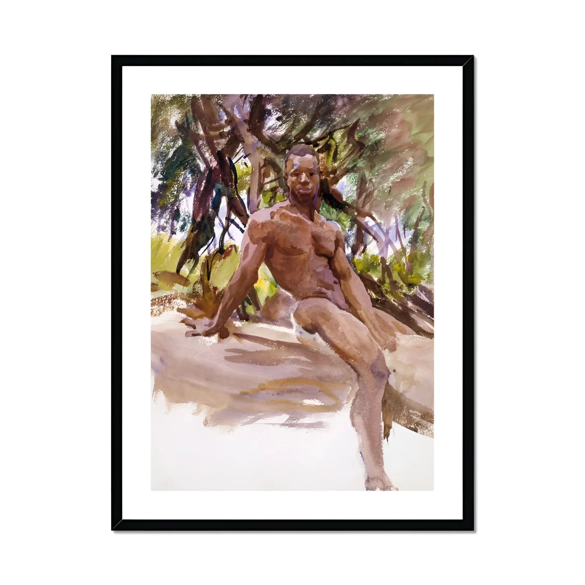 Man and Trees John Singer Sargent Art Print, Watercolor Painting Nude Figure Seated Outdoors