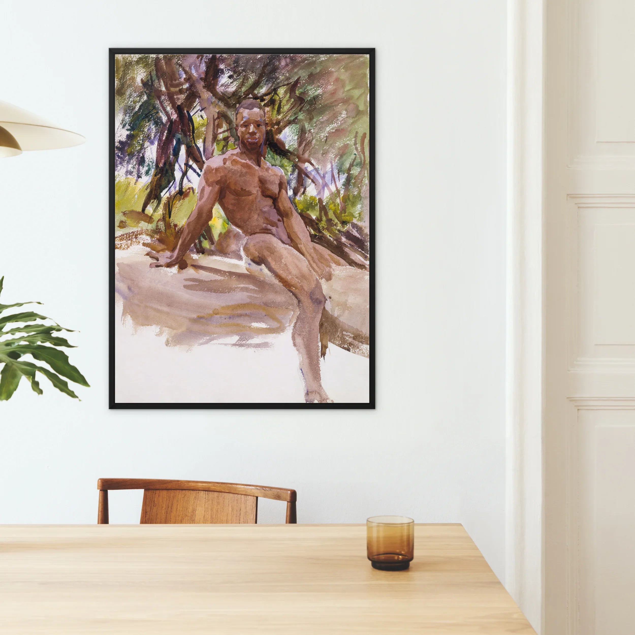 Man and Trees - John Singer Sargent Nude Art Framed Canvas, Framed Nude Figure Painting Rendered Watercolor Loose