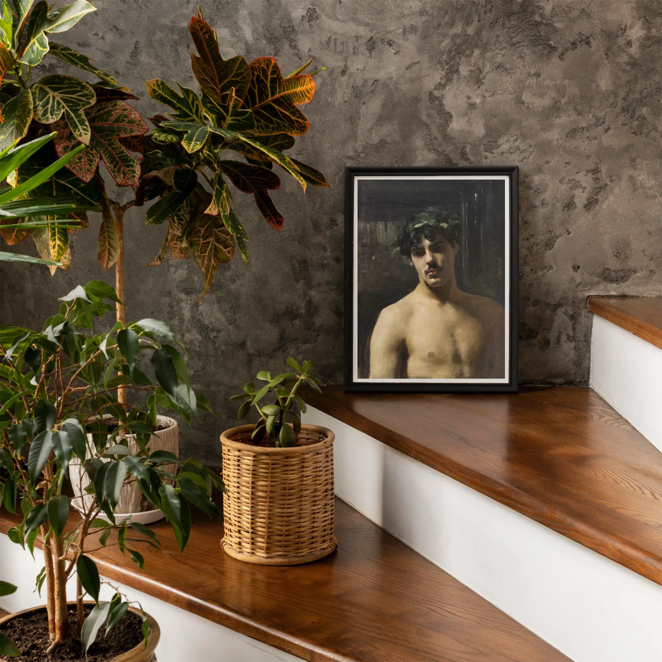 Man Wearing Laurels - John Singer Sargent Art Print, Framed Black White Portrait Photograph Wooden Stairs Alongside