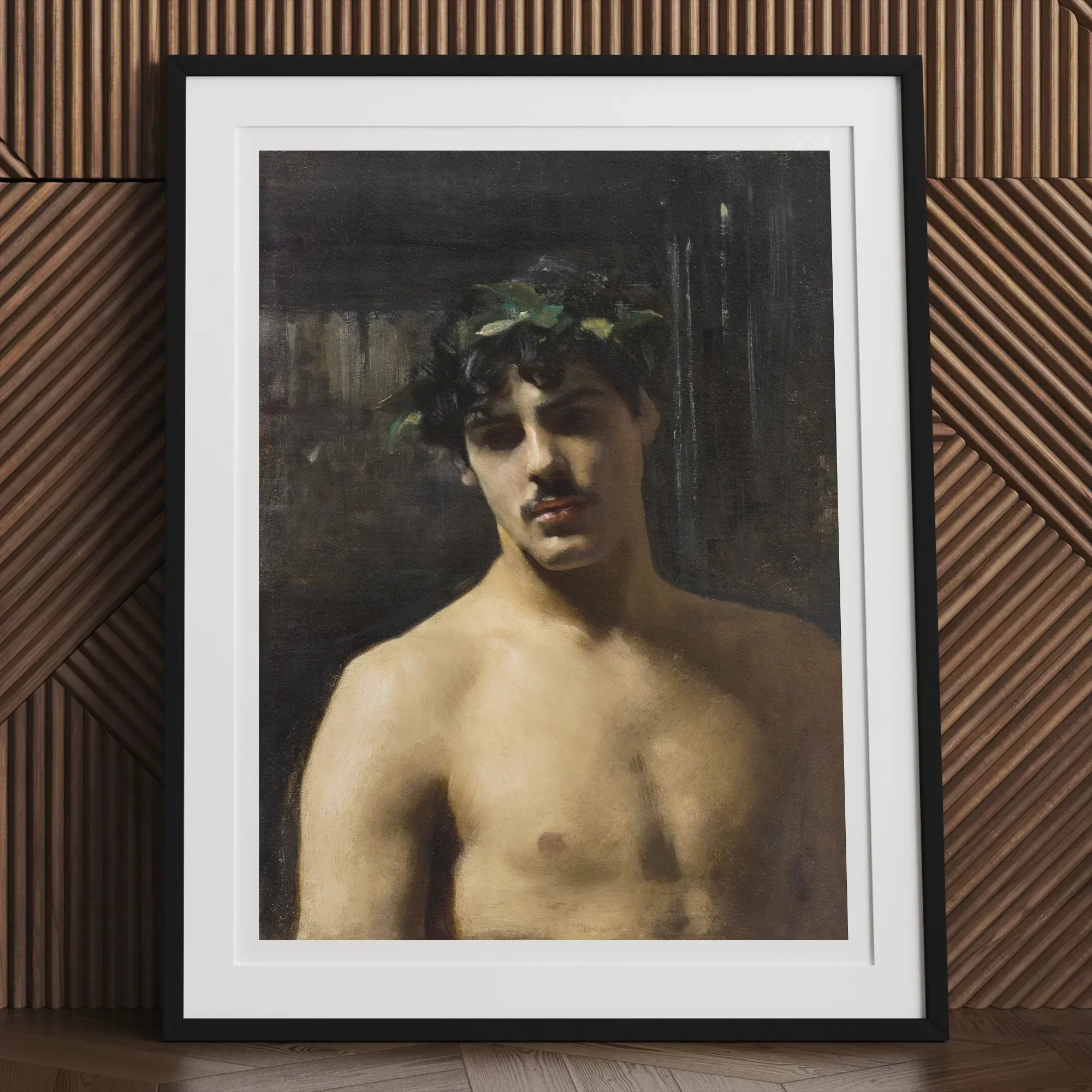 Man Wearing Laurels - John Singer Sargent Art Print, Framed Portrait Painting Shirtless Young Man Laurel Wreath