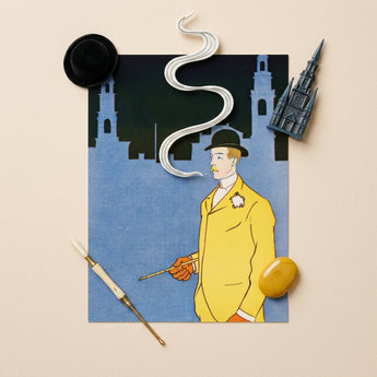 Man in Yellow Suit - Edward Penfield Art Print / Canvas Trench Coat White Flower Boutonniere Black Bowler, Penfield’s, Stations, Gilded Age