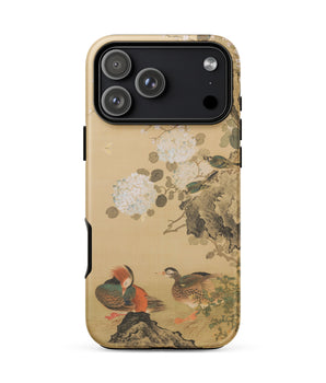 Mandarin Ducks and Flowers - Okamoto Shuki Phone Case Beige Traditional East Asian-style Illustration Two, Huddles, Summer Blooms Drift,