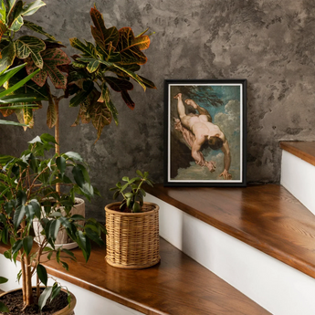Manlius Hurled from the Rock - William Etty Art Print / Canvas Framed Classical Art Print Wooden Stairs Alongside Potted William Etty’s