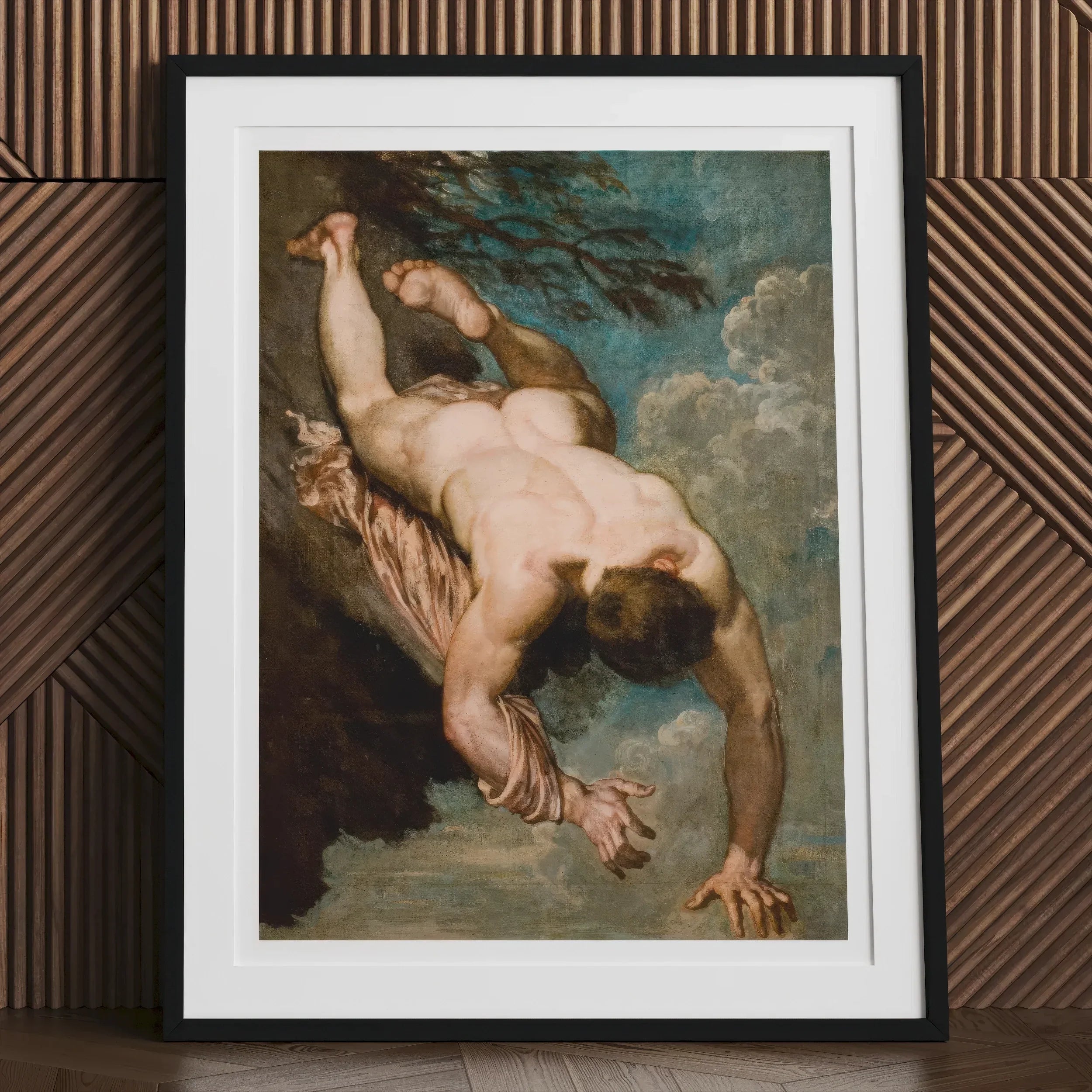 Manlius Hurled from the Rock - William Etty Art Print, Framed Painting Nude Male Figure Clouds