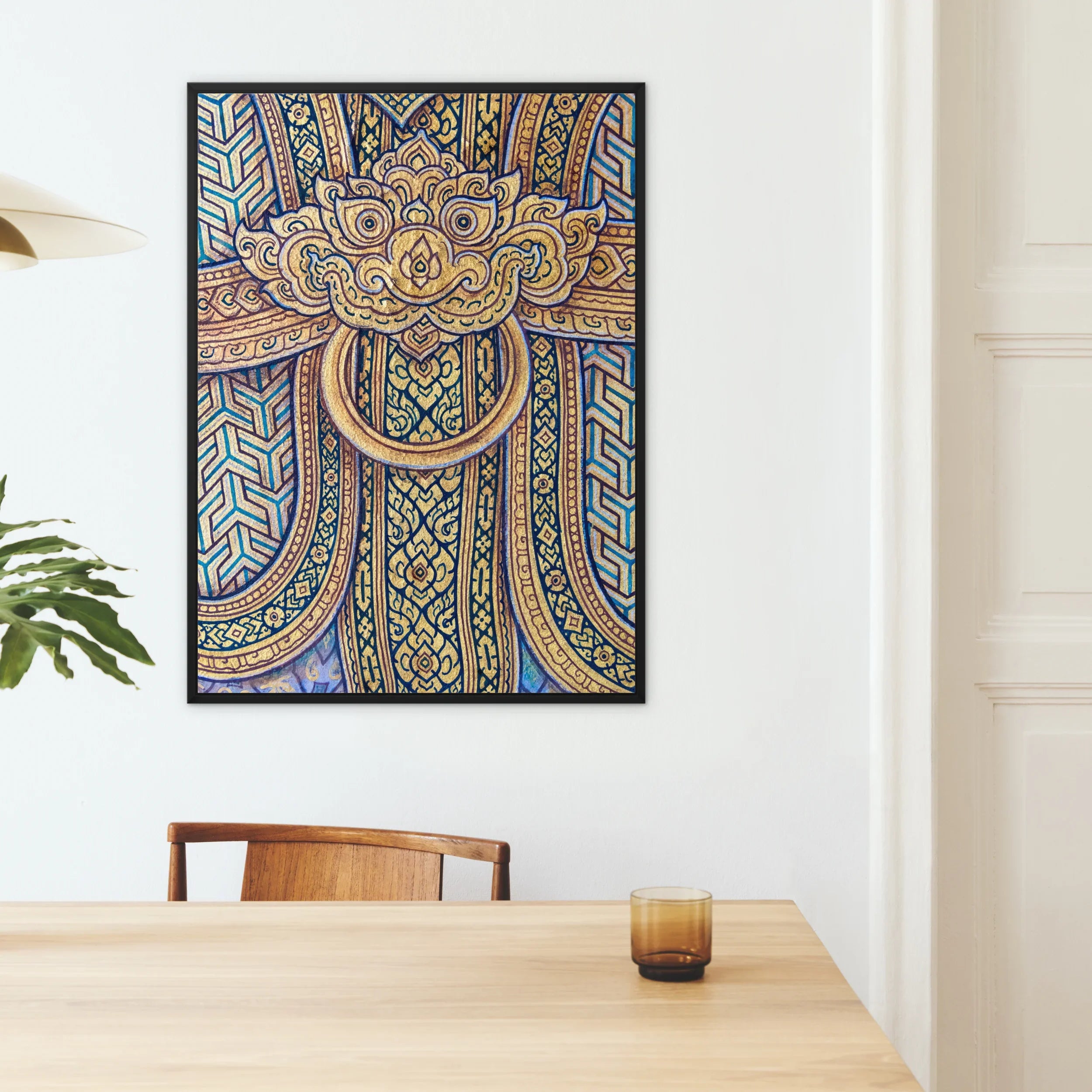 Man’s Best Friend - Royal Thai Mural Framed Canvas, Framed Mandala-style Artwork Intricate Geometric Patterns Blue Gold
