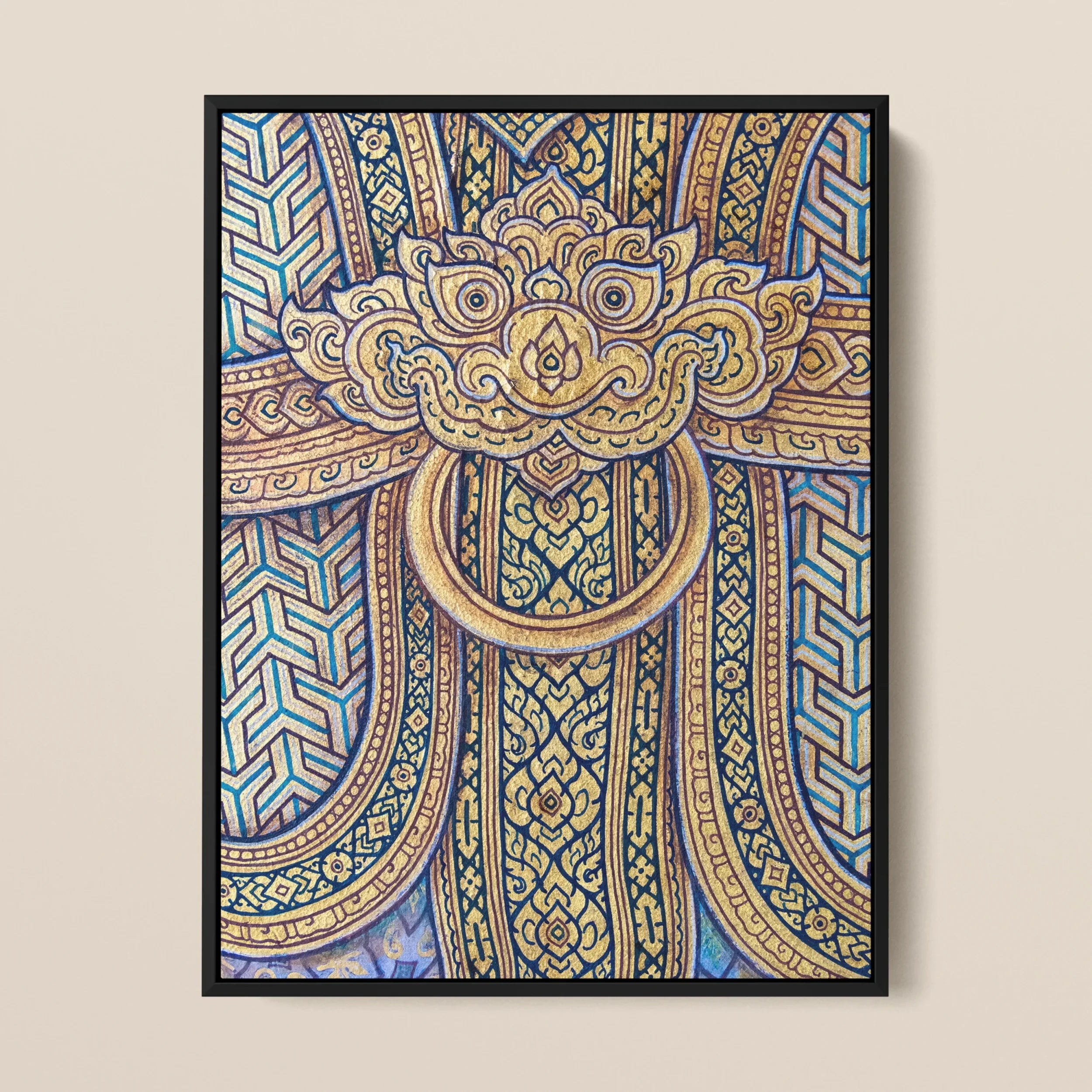 Man’s Best Friend - Royal Thai Mural Framed Canvas, Ornate Door Knocker Intricate Geometric Floral Patterns Gold