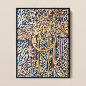 Man’s Best Friend - Royal Thai Mural Framed Canvas, Ornate Door Knocker Intricate Geometric Floral Patterns Gold
