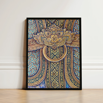 Framed Artwork Intricate Ornate Patterns Gold Blue Hues Thailand’s Mystical Realm, Hypnotic Thai Fresco, Traditional