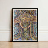 Framed Artwork Ornate Golden Lion-head Door Knocker Design Thailand’s Mystical Realm, Hypnotic Thai Fresco, Traditional