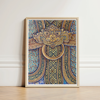 Framed Artwork Ornate Golden Lion-head Door Knocker Design Thailand’s Mystical Realm, Hypnotic Thai Fresco, Traditional