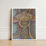 Framed Artwork Intricate Golden Blue Traditional Thai-inspired Patterns Thailand’s Mystical Realm, Hypnotic Thai Fresco