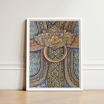 Framed Artwork Ornate Golden Lion-head Door Knocker Design Thailand’s Mystical Realm, Hypnotic Thai Fresco, Traditional
