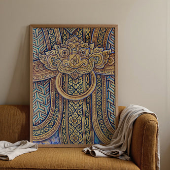 Man’s Best Friend - Traditional Thai Fresco Art Print / Canvas Framed Artwork Intricate Ornate Patterns Gold Blue Hues Thailand’s Mystical