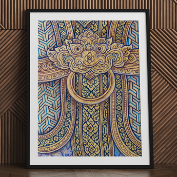 Man’s Best Friend - Traditional Thai Fresco Art Print / Canvas Framed Artwork Ornate Golden Door Knocker Intricate Blue Thailand’s Mystical