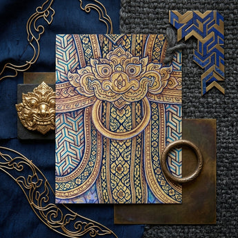 Man’s Best Friend - Traditional Thai Fresco Art Print / Canvas Rectangular Card Intricate Golden Blue Geometric Patterns Central Thailand’s