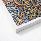 White Framed Artwork Intricate Blue Gold Geometric Patterns Thailand’s Mystical Realm, Hypnotic Thai Fresco, Traditional