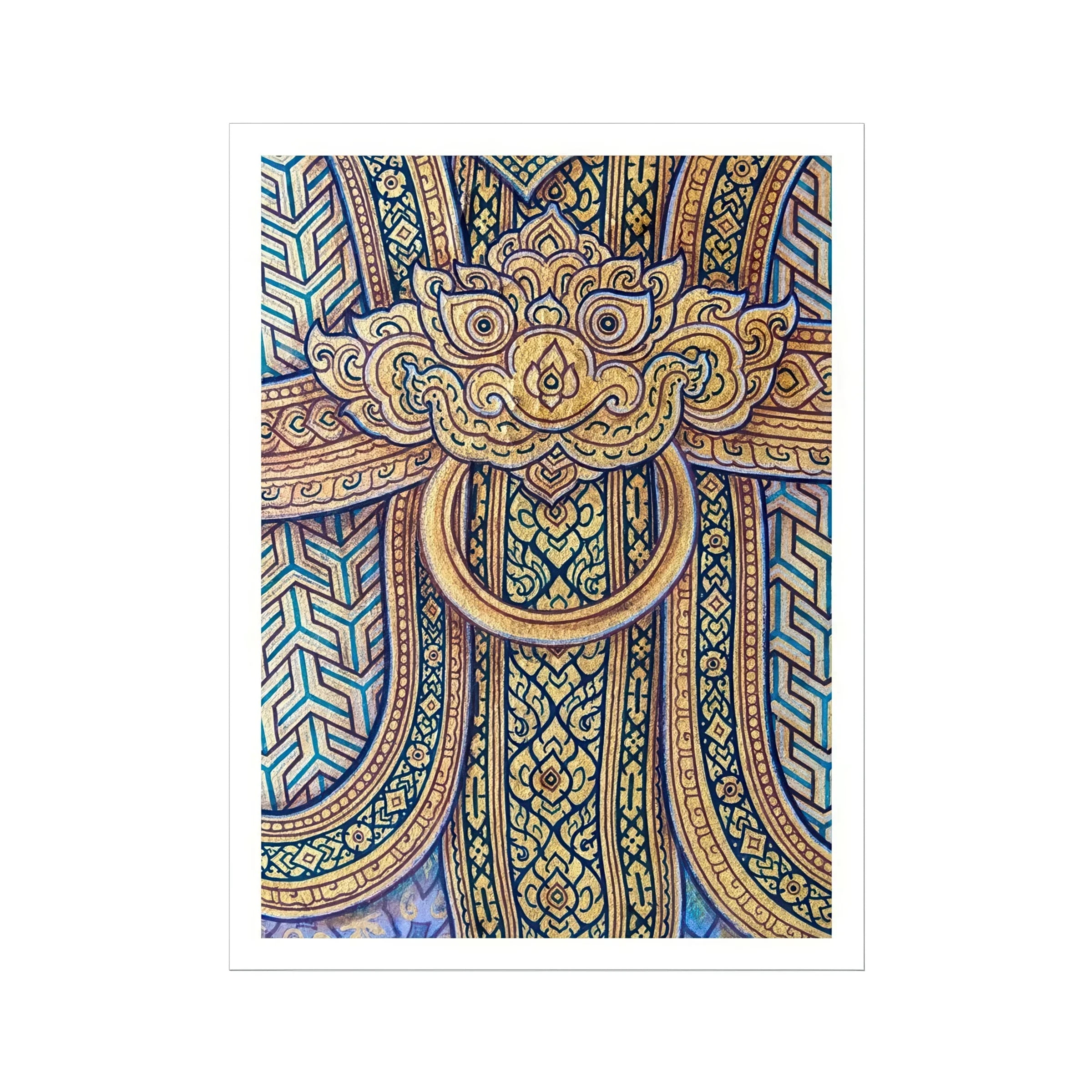 Man’s Best Friend Traditional Thai Fresco Art Print, Ornate Golden Door Knocker Intricate Thai Style Decorative Patterns