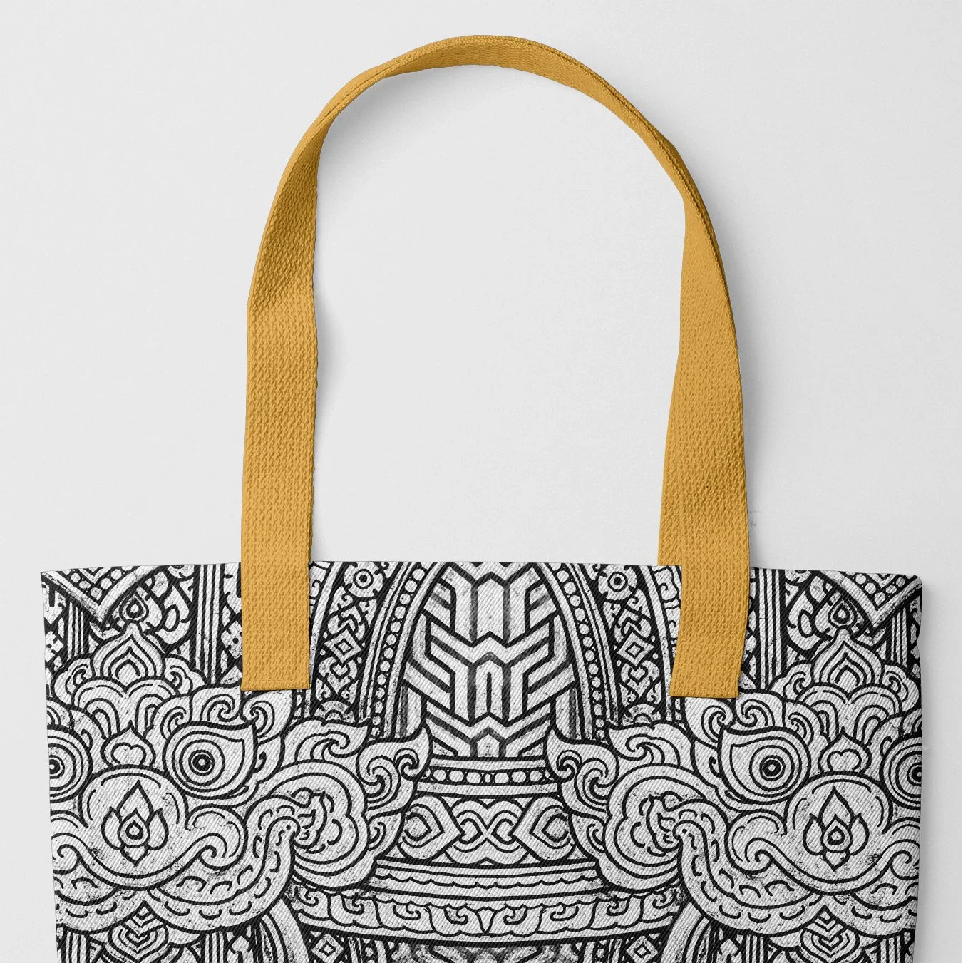 Man’s Best Friend - Traditional Thai Fresco Tote Bag, Yellow Handles, 7595619_8905, Tote Bag Black White Intricate